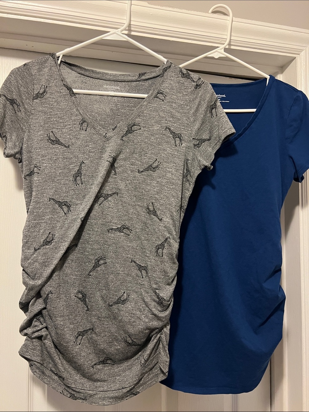 Motherhood Maternity Gray Giraffe Print & Blue Short Sleeve Maternity Tees